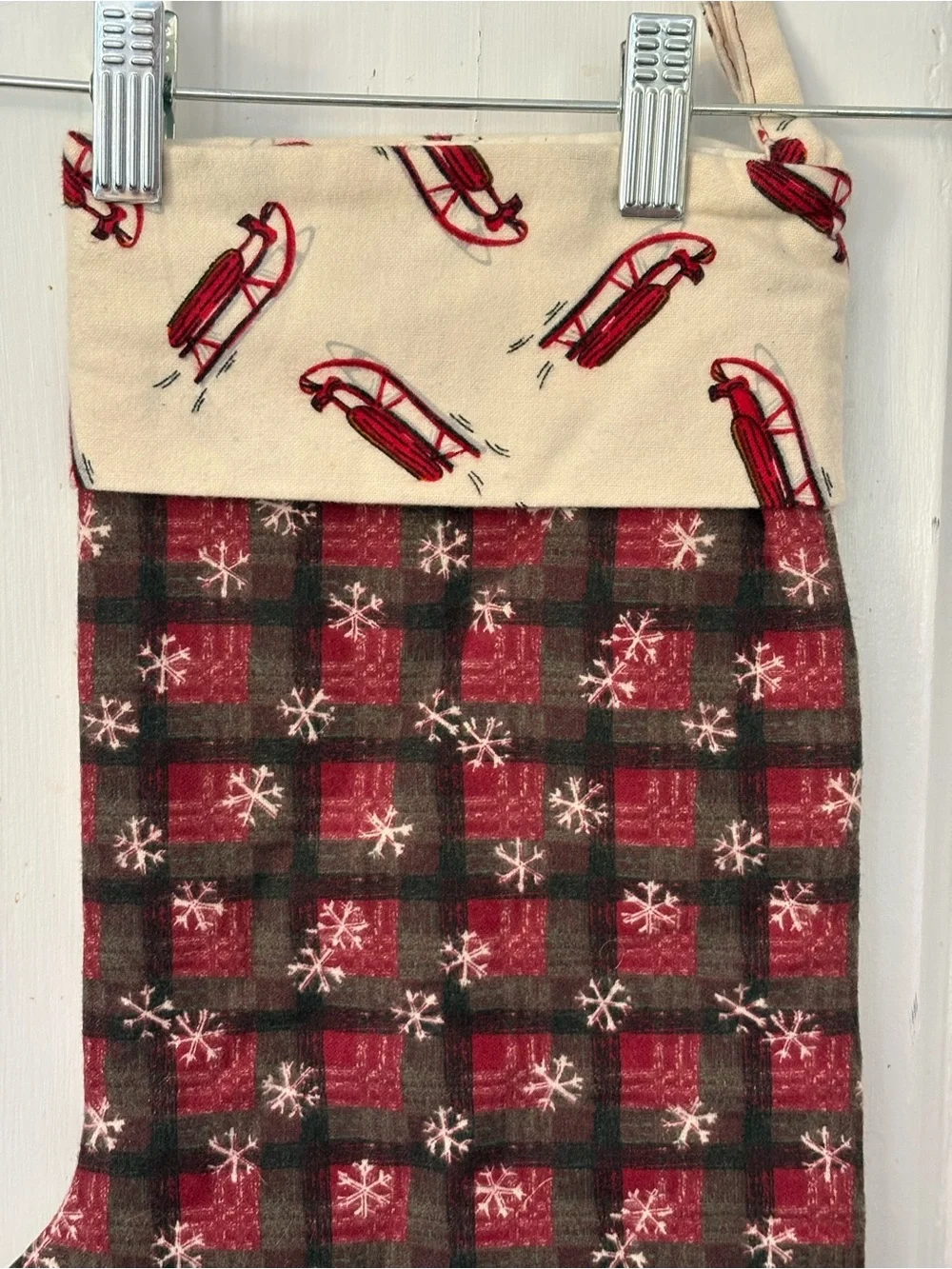 Holiday Vintage Handmade Sled Pattern Stocking Christmas Winter Snowflakes